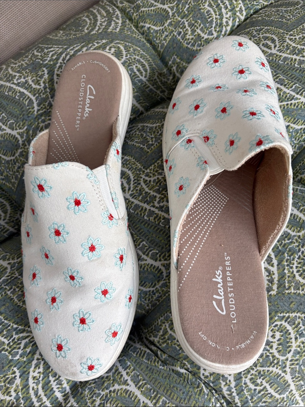 Clarks Women's Cream Slip-On Clogs with Blue & Red Floral Embroidery
